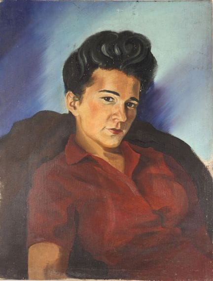 马克斯·庞蒂（1904-1972）：
《身着红裙的庞蒂夫人肖像》（艺术家之妻）。
布面油画。画框上签