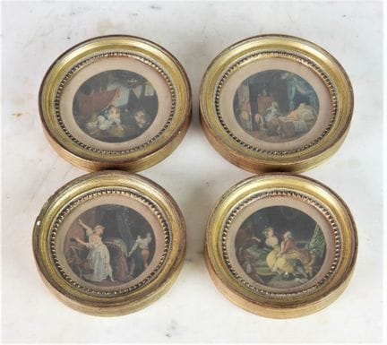 FOUR ROUND MINIATURES depicting romantic scenes in