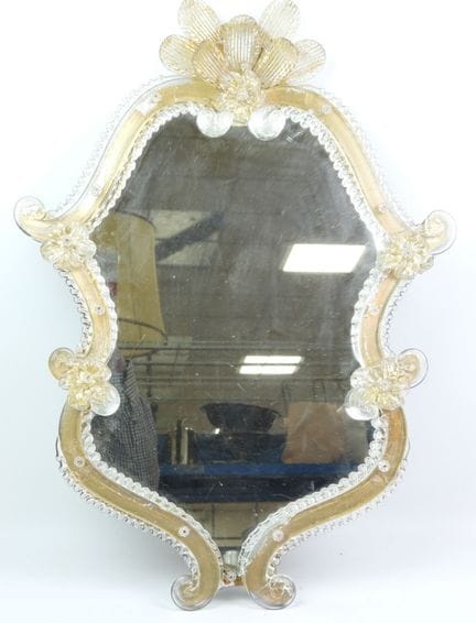 Venetian glass mirror with floral design.  60 x 44