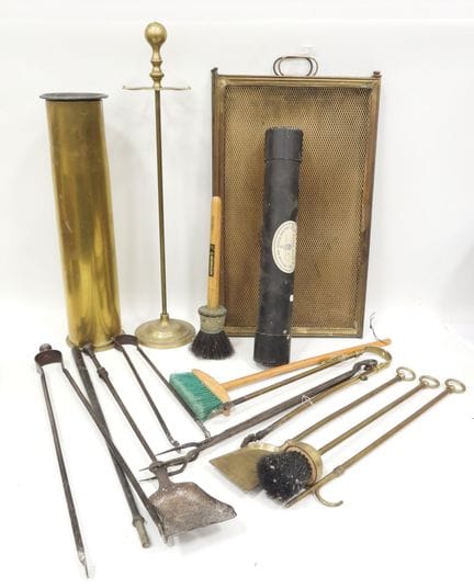 Brass and wrought-iron fireplace sets including sh