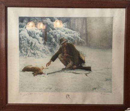 J.A. MUENIER（J.A.）：《猎人》。彩色版画。编号10/10。页边以石墨签名。R. Lo