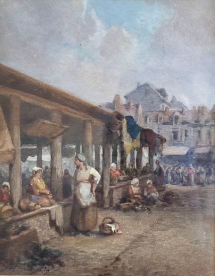 19世纪末法国画派：市场大厅里的交易场景。水彩画。署名“Hurtier？”并标注1874年