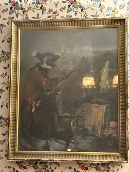 据夏尔丹（CHARDIN）所作：《画画的猴子》。复制品。画心尺寸72 x 59厘米。