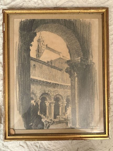 René AUBERT (1894-1977) : Cloitre. Dessin. 30 x 23