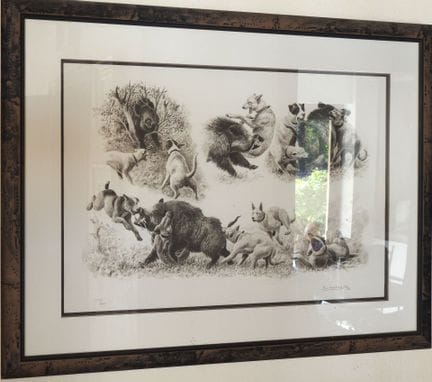 Set of 3 framed hunting-themed prints, including: 