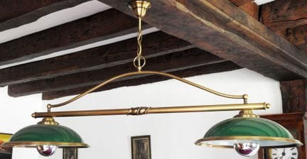Modern billiard lamp with two light arms and green