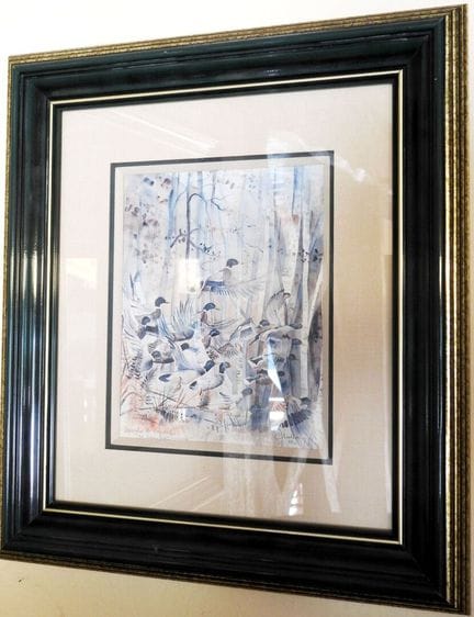 Set of 4 framed pieces: hunting-themed prints and 