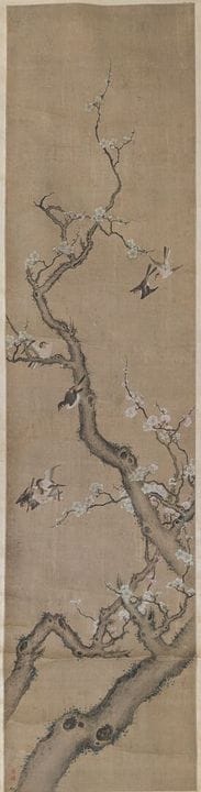 中国，19世纪，
丝绸上水墨彩绘，描绘了盛开的梅枝上的鸟儿。 
左下角有两枚印章。
有磨损、日晒痕迹