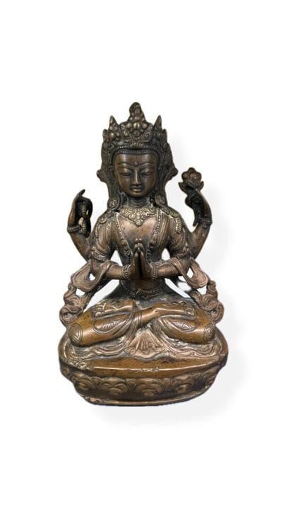 西藏 20世纪
铜制神像，呈坐姿，手持法器——套索和莲花，双手合十呈安吉利手印
高：20 厘米