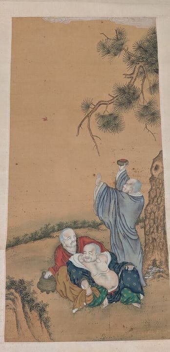 中国，19世纪，
丝绸上水墨设色，描绘了两名男子陪同米勒福的场景。
有磨损和日晒痕迹
来源：1964
