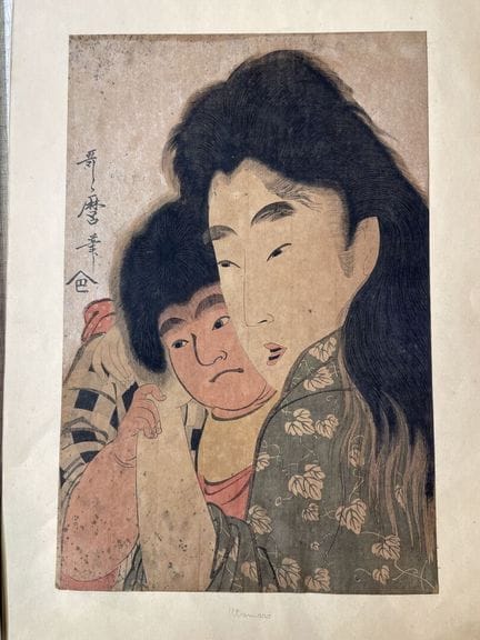 一套五幅大判版画，包括：骑水牛的卡拉科、演员（国定）、一首俳句