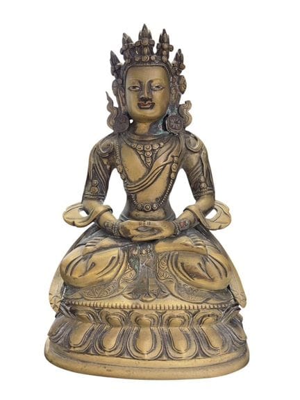 中国，约1500年
青铜小塑像，表现阿弥陀佛以莲花坐姿端坐于双莲花座之上
可见彩绘痕迹
高：18厘米