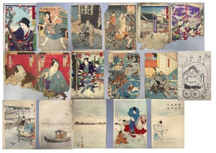 布景包括 ：
- 丰国三世的双联画、三联画的一部分和四幅韫，演员
- 国吉的两幅 "意外 "图
- 