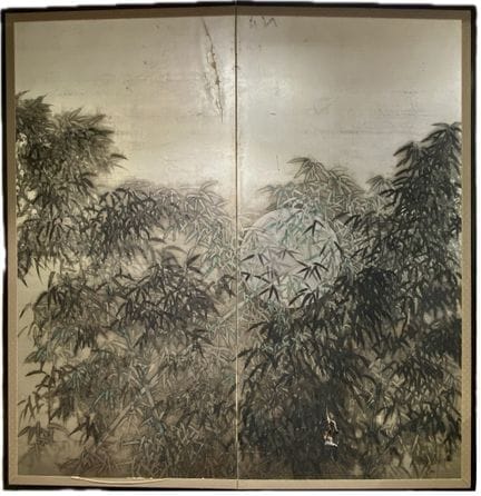 日本——江户时代（1603-1868），19世纪
双扇屏风，银箔上水墨画，描绘月球前方的竹林
高：1