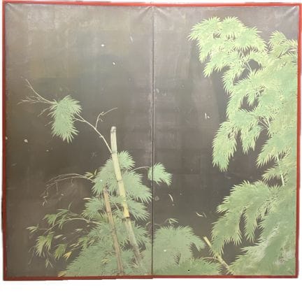 日本——明治时代（1868-1912）
双扇屏风，银箔上施墨彩，描绘竹林顶端景致
174 x 85 