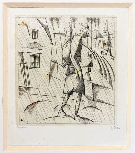 让·埃米尔·拉布雷尔（1877-1943）。 《雨中的士兵》。97 × 130 毫米。刻刀版画，铅笔