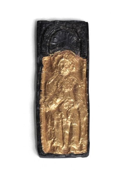 Tavola intarsiata raffigurante una Madonna con Bam