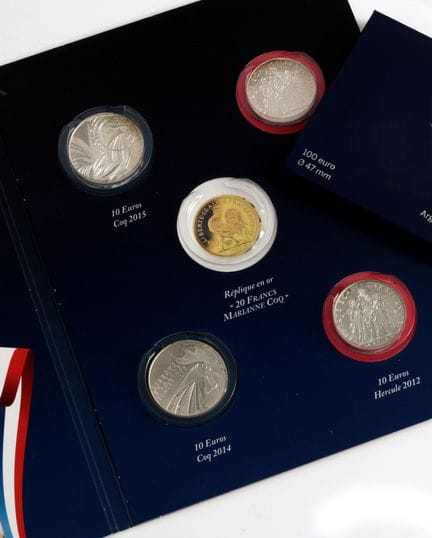 Cuatro monedas de 10 euros de plata (Gallo 2014, 2