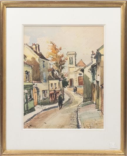 Deux aquarelles encadrées.
École Moderne. Rue anim