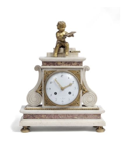 Pendule en marbre blanc, marbre rouge et bronze ci