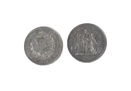 2 monedas de 50 francos de plata, tipo Hércules. 1