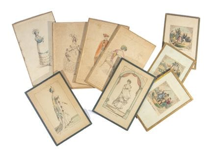 Suite de neuf gravures en couleurs à décor d’éléga