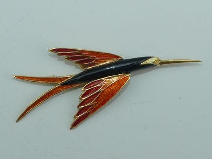 CARVEN. Große, emaillierte Kolibri-Brosche. Nummer