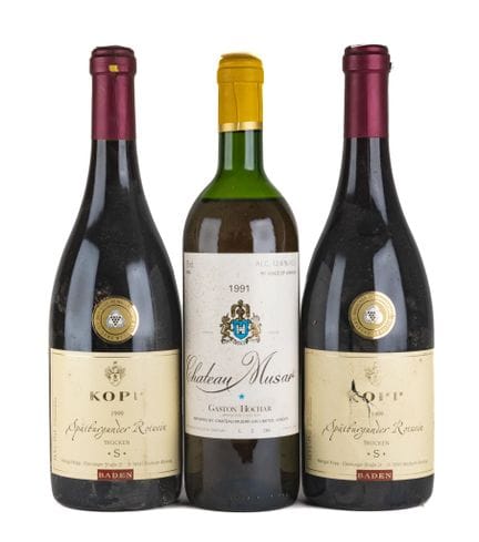 3 botellas: 2 KOPP 1999 Tocken "S", 1 CHÂTEAU MUSA