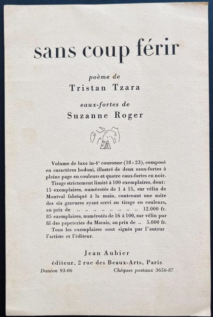 TRISTAN TZARA 
"Sans coup férir," a poem by the Da