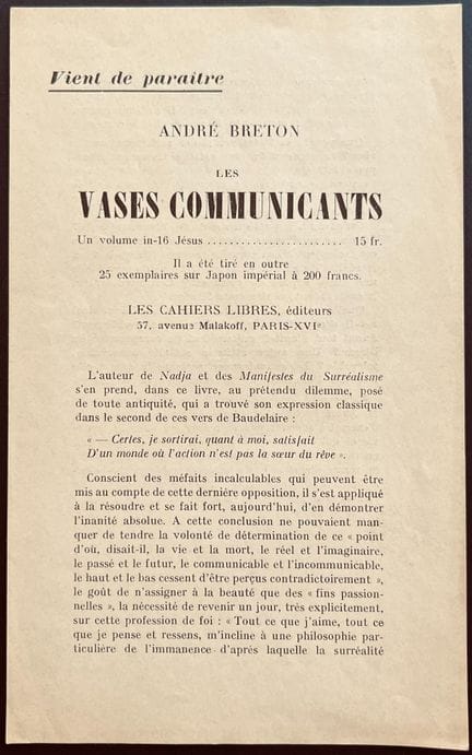 ANDRE BRETON 
"Les Vases communicants" Just publis