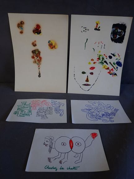 一套5幅待辨识的当代画作，其中1幅题为“找猫”，尺寸分别为13×21厘米和33×24厘米