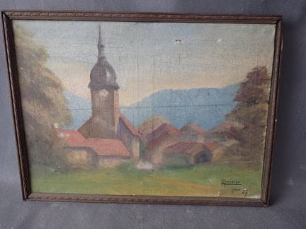 A. CROUZIER，村庄风景画，HST SBD，标注日期为27，D：24.5 x 35 厘米（有
