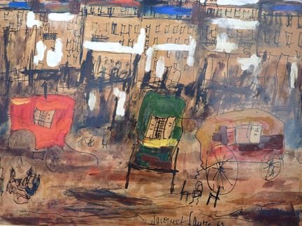 雅克·索兹（1925-2013），普罗旺斯画派，《广场上的马车》（马赛？），硬纸板上的综合材料画，S