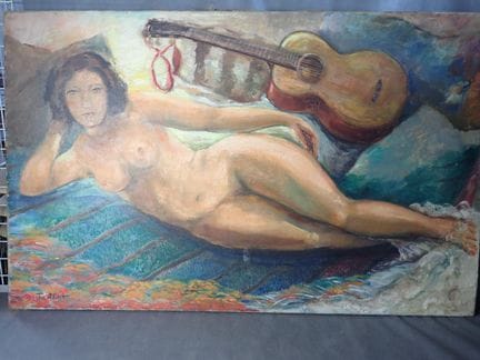 马塞尔·雅洛（1904-1973），《弹吉他的裸女》，HST，SBG画作，背面题名为《午睡》，并标注