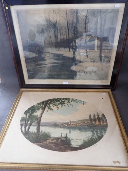 一套2幅水彩版画，其中1幅由JOURDAN签名，描绘风景，尺寸分别为50x65厘米和41x58厘米（