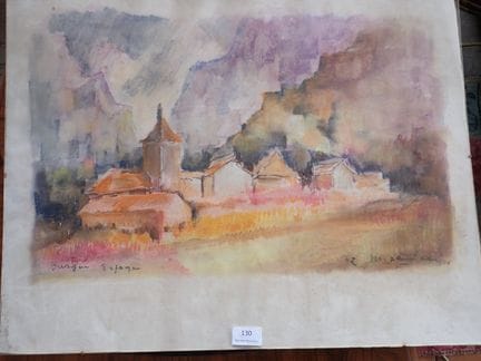 马塞尔·德维耶斯 《西班牙村庄风景》，布尔吉，粉彩，SBD，50 x 65厘米