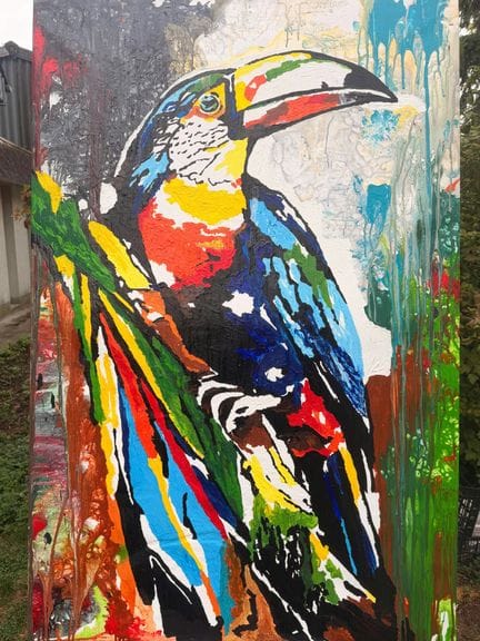 MAZ'ARTS 纳尔逊·马兹

《巨嘴鸟之魂》 布面丙烯画 105 x 160 厘米，画作背面有签