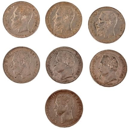 [Numismatik] 7 Münzen zu 5 Francs:
Belgien: 1x Leo