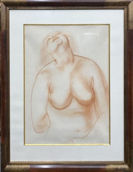 安德烈·德兰（1880-1954）。
裸体女子，头向后仰，右臂置于背后。
红褐色粉笔画，绘于纸上。
