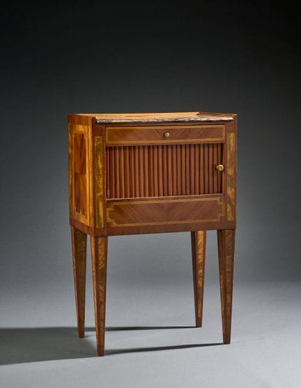 Wooden nightstand with marbled marquetry decoratio