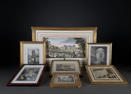 Set of 7 framed prints: View of the Longchamp Abbe