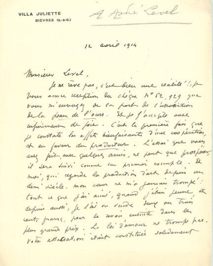 Odilon REDON. L.A.S., Bièvres 12 avril 1914. 2 pp.