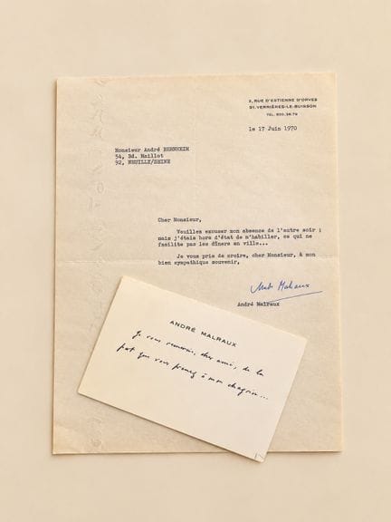 MALRAUX André : Une carte autographe et une lettre