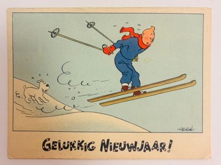 Tim und Struppi-Postkarte „Schnee“: Tim flitzt auf