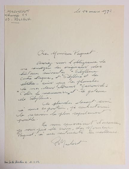 Macherot - Handwritten letter dated March 14, 1972