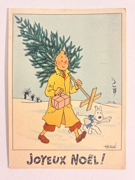 Tim und Struppi-Weihnachtskarte: Tim mit einem Wei