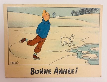 Tim und Struppi-Weihnachtskarte: Tim läuft Schlitt