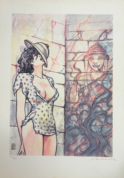 Manara – Siebdruck/Offset: Frau mit Hut, eine Brus