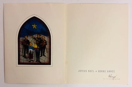 Hergé – Grußkarte 1958: Glasmalerei. Signiert. Seh