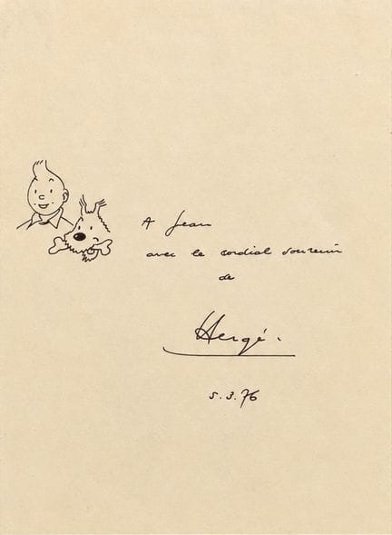 Hergé – Widmung: Zeichnung auf einem Blatt (Rückse